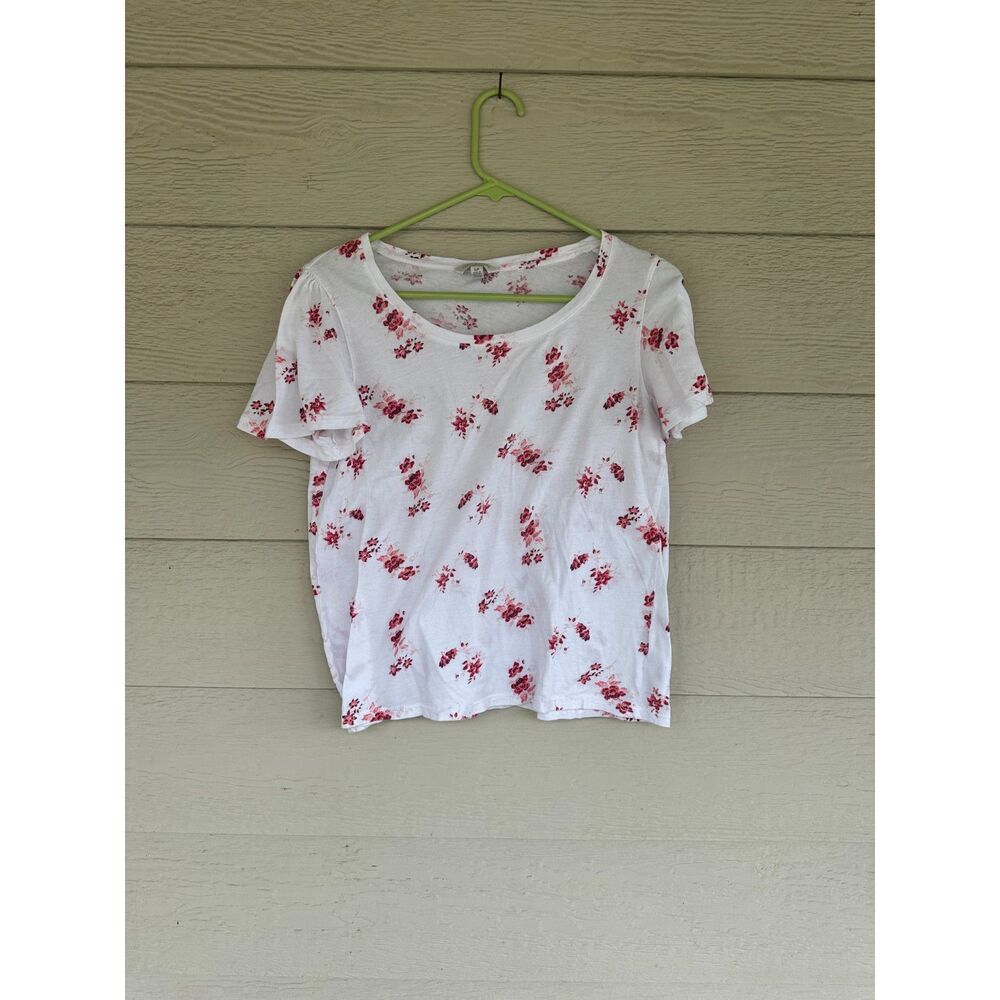 Lucky Brand White Pink Floral Scoop Neck Flutter Ruffle Sleeve Top Size S/P